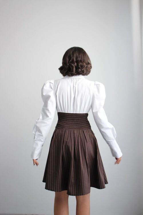 Kahve Pileli Çizgili Dokuma Gömlek Elbise