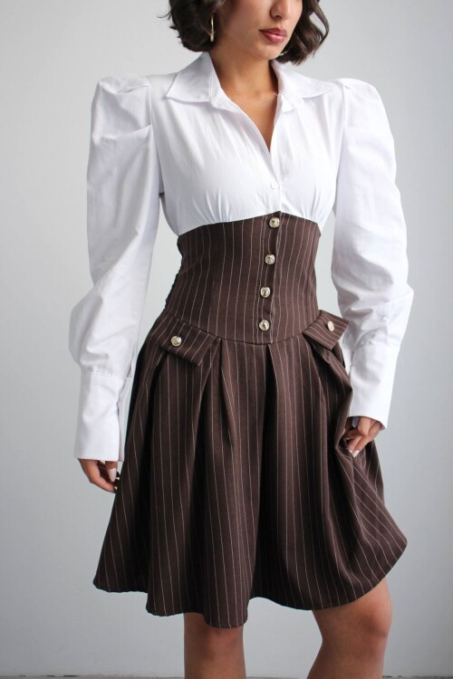 Kahve Pileli Çizgili Dokuma Gömlek Elbise