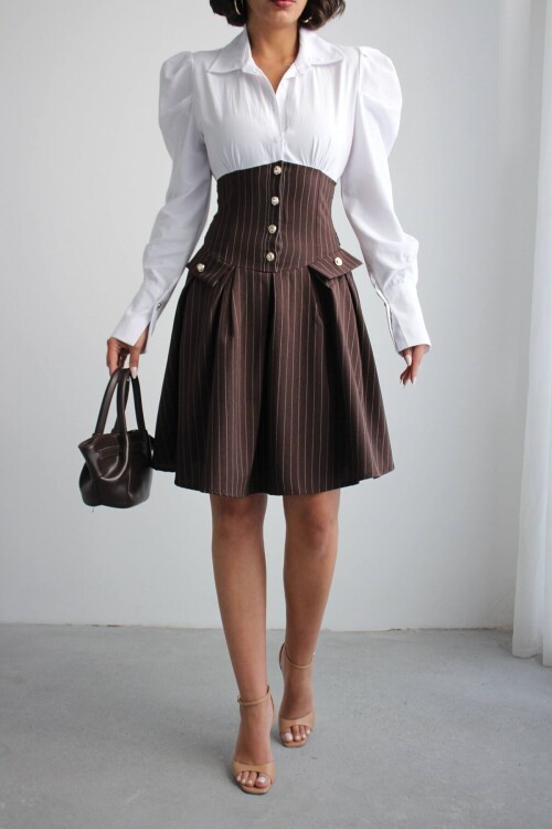 Kahve Pileli Çizgili Dokuma Gömlek Elbise