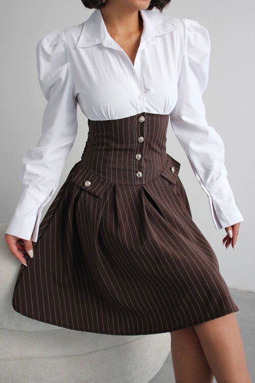 Kahve Pileli Çizgili Dokuma Gömlek Elbise