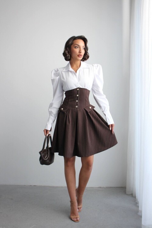 Kahve Pileli Çizgili Dokuma Gömlek Elbise