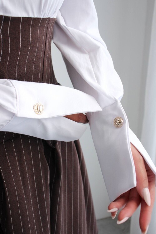 Kahve Pileli Çizgili Dokuma Gömlek Elbise