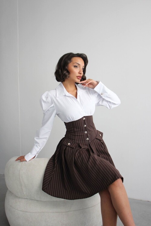 Kahve Pileli Çizgili Dokuma Gömlek Elbise