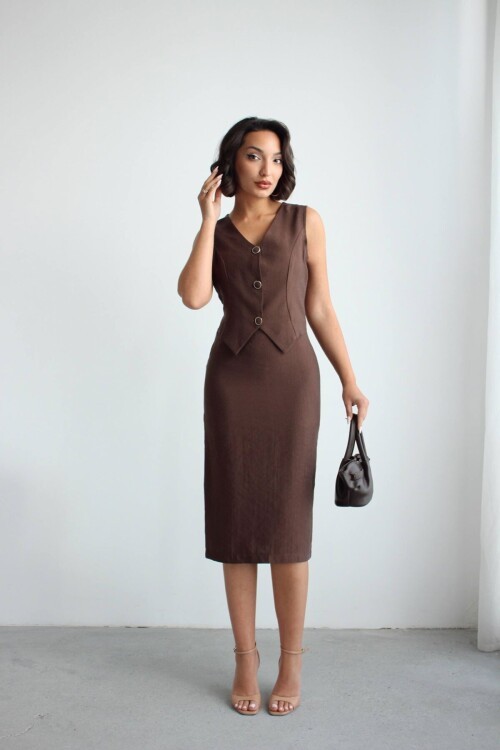 Kahve Tensel Kumaş Yelek Ve Elbise 2 Li Takım Model Elbise