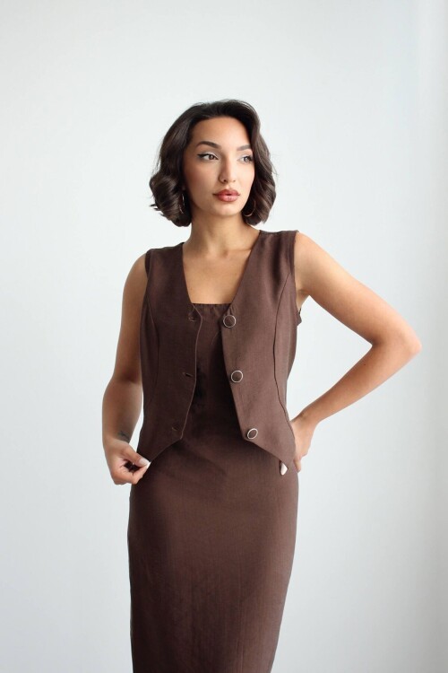 Kahve Tensel Kumaş Yelek Ve Elbise 2 Li Takım Model Elbise