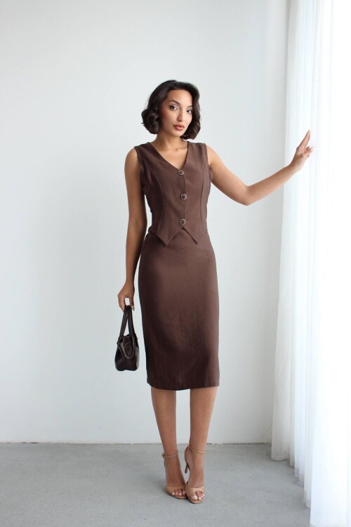 Kahve Tensel Kumaş Yelek Ve Elbise 2 Li Takım Model Elbise