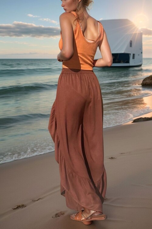 Kahve Yanı Fırfırlı Yırtmaçlı Beli Lastikli Belmando Salaş Şalvar Pantolon