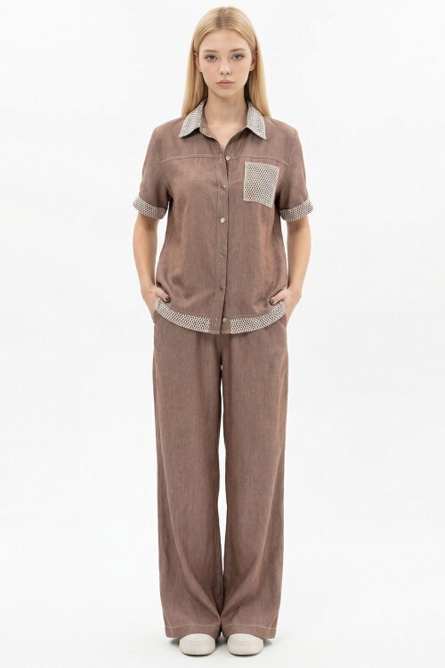 Kahverengi File Detaylı Tensel Kot Kumaş Gömlek Ve Pantolon Alt Üst Takım