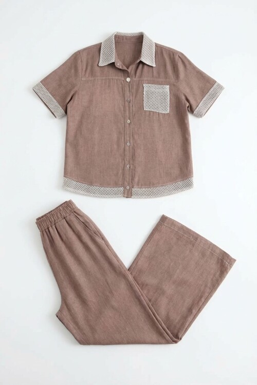 Kahverengi File Detaylı Tensel Kot Kumaş Gömlek Ve Pantolon Alt Üst Takım