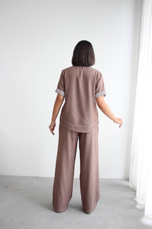Kahverengi File Detaylı Tensel Kot Kumaş Gömlek Ve Pantolon Alt Üst Takım