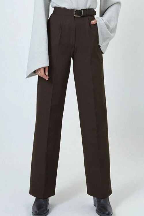 Kahverengi Kemerli Düğme Kapamalı Çift Cepli Palazzo Pantolon BCHAV-251230