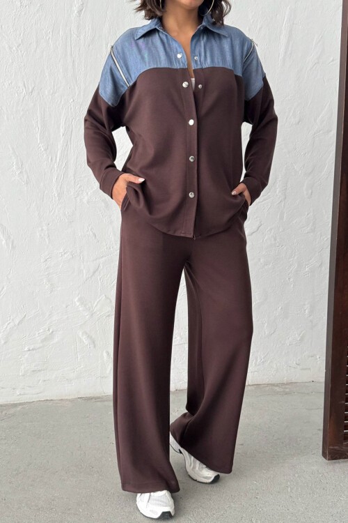 Kahverengi Kot Kumaş Garnili Yumuşak Dokulu Pantolon Gömlek Takım BCHN-25261022