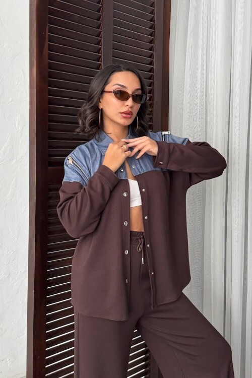 Kahverengi Kot Kumaş Garnili Yumuşak Dokulu Pantolon Gömlek Takım BCHN-25261022