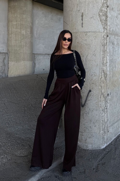 Kahverengi Pile Detaylı İspanyol Ultra Soft Kumaş Pantolon BCDF-25P0002