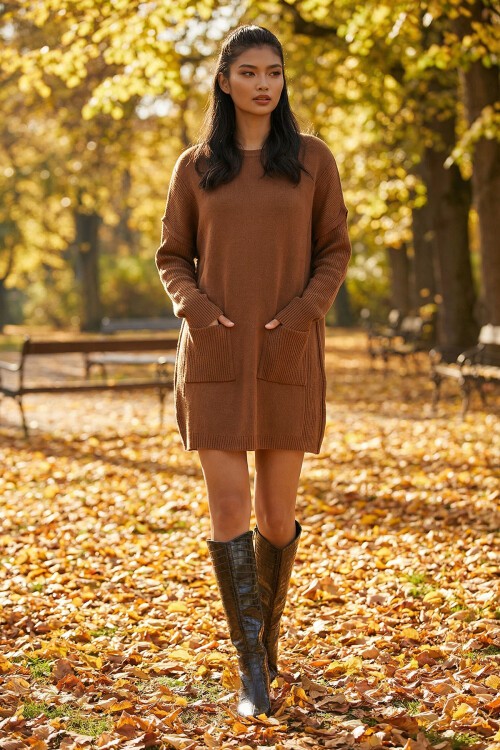 Kahverengi Ribanalı Bisiklet Yaka Mini Triko Elbise BCHPK-251239