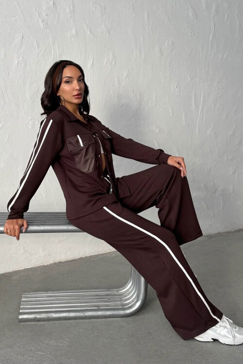 Kahverengi Yumuşak Dokulu Biyeli Palazzo Pantolon Ve Garnili Gömlek Alt Üst Takım BCHN-25261025