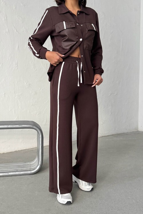 Kahverengi Yumuşak Dokulu Biyeli Palazzo Pantolon Ve Garnili Gömlek Alt Üst Takım BCHN-25261025