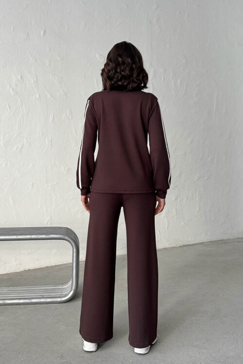 Kahverengi Yumuşak Dokulu Biyeli Palazzo Pantolon Ve Garnili Gömlek Alt Üst Takım BCHN-25261025