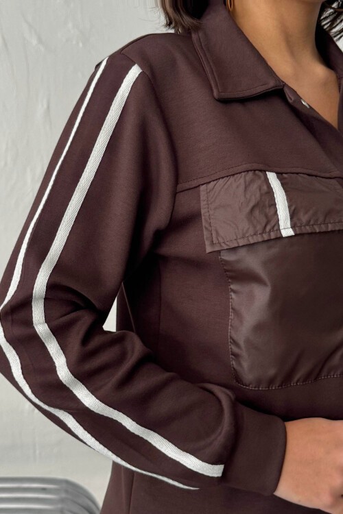 Kahverengi Yumuşak Dokulu Biyeli Palazzo Pantolon Ve Garnili Gömlek Alt Üst Takım BCHN-25261025