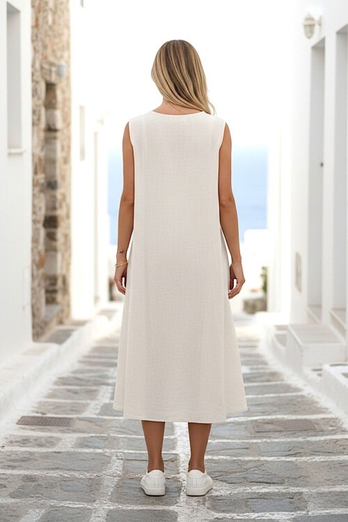 Alaçatı Keten Askılı Boyundan Halat Detaylı Elbise