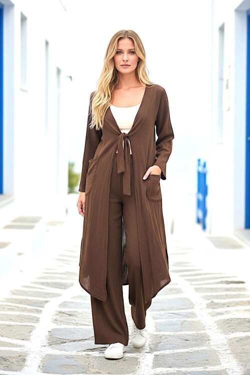 Alaçatı Keten Bağlamalı Kimono Takım