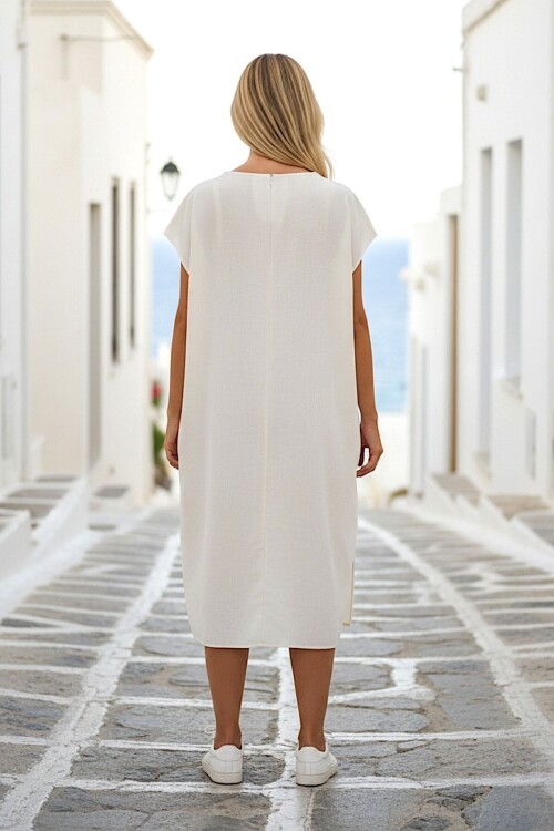 Alaçatı Keten Dantel Detaylı Ay Kol Elbise