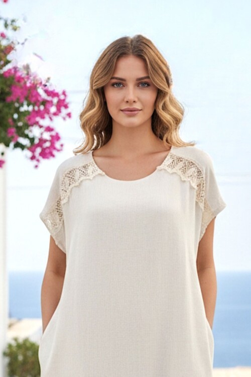 Alaçatı Keten Omuz Dantel Detaylı Eteği Fırfırlı Elbise