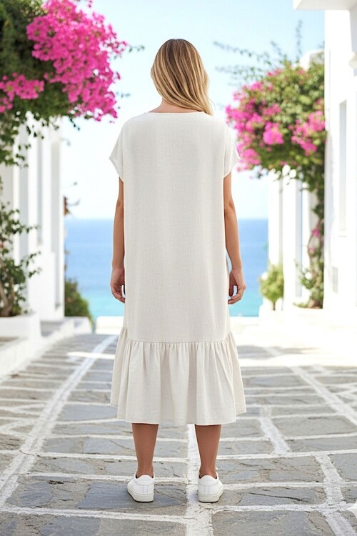 Alaçatı Keten Omuz Dantel Detaylı Eteği Fırfırlı Elbise