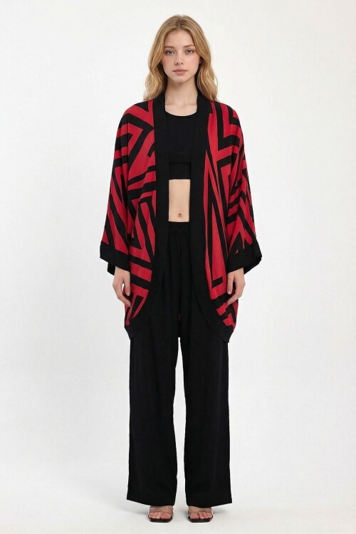 Kırmızı Baskılı Kimono Ve Pantolon Dokuma Viscon Alt Üst Takım