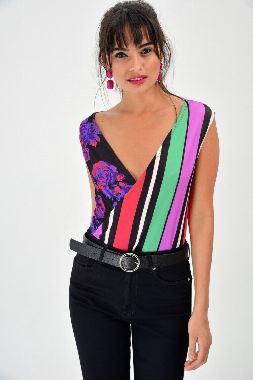 Kırmızı Çift Desenli Kruvaze Body Bluz