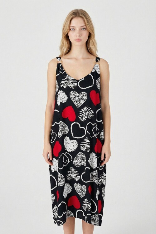 Kırmızı-Siyah Askılı Boncuk Detaylı Çift Cepli Desenli Salaş Elbise