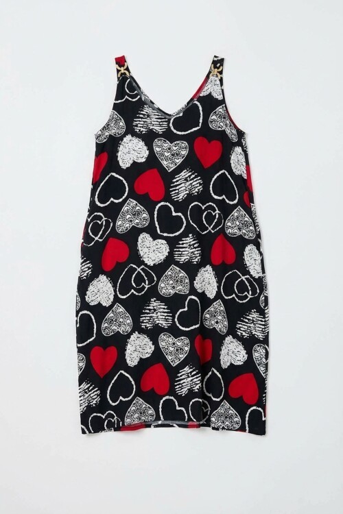 Kırmızı-Siyah Askılı Boncuk Detaylı Çift Cepli Desenli Salaş Elbise