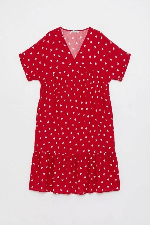 Kırmızı V Yaka Oversize Kesim Desenli Çift Cepli Volanlı Elbise