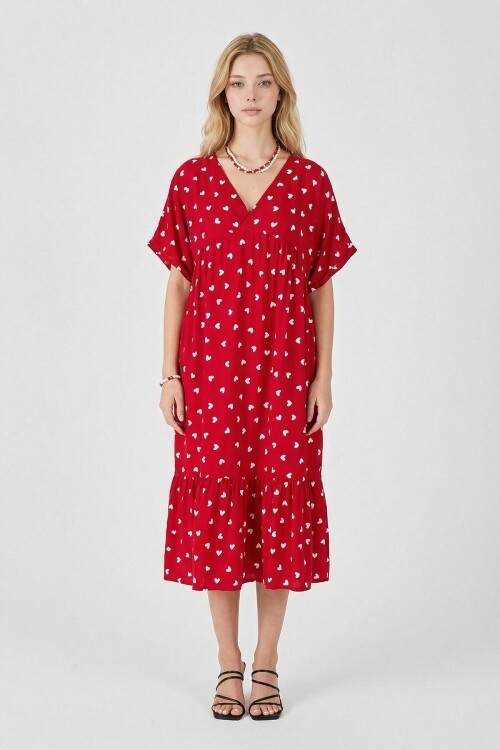 Kırmızı V Yaka Oversize Kesim Desenli Çift Cepli Volanlı Elbise