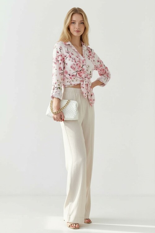 Krem Alaçatı Keten Önü Çimalı Beli Lastikli Pantolon