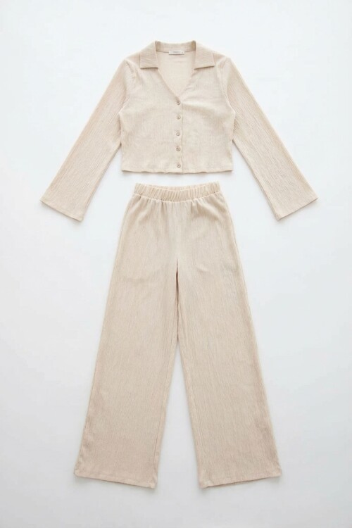 Krem Geniş Kol Düğme Detaylı Yakalı Bluz Ve Palazzo Pantolon Alt Üst Takım