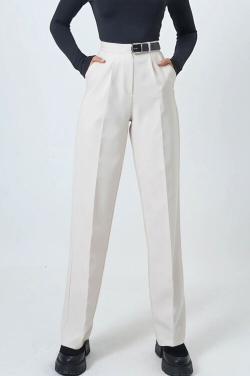 Krem Kemerli Düğme Kapamalı Çift Cepli Palazzo Pantolon BCHAV-251230