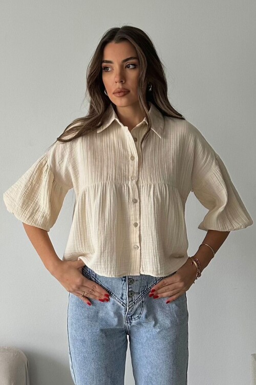 Krem Kısa Kol Müslin Kumaş Premium Gömlek