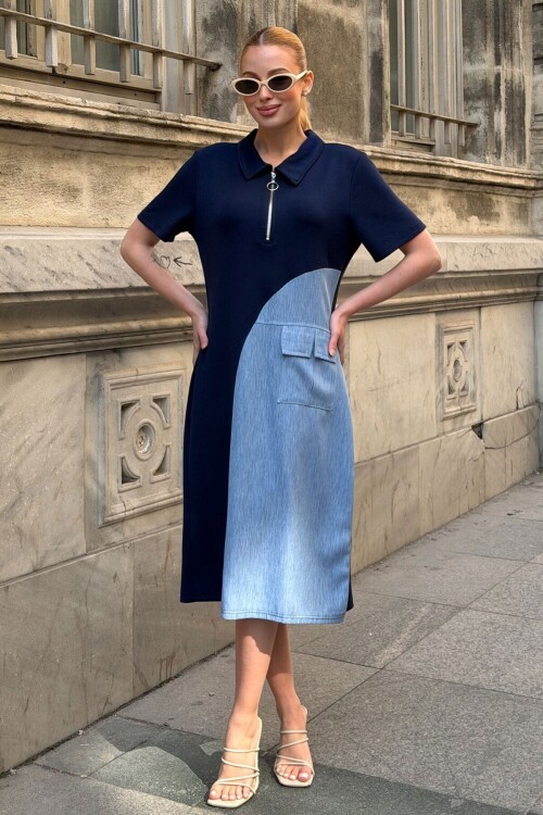 Lacivert Fermuarlı Modal Kumaş Yarı Tensel Elbise