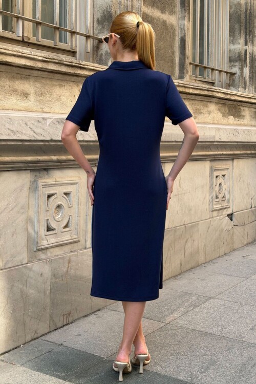 Lacivert Fermuarlı Modal Kumaş Yarı Tensel Elbise