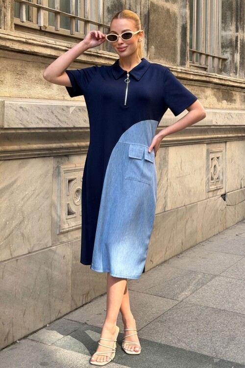 Lacivert Fermuarlı Modal Kumaş Yarı Tensel Elbise