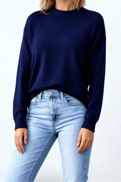 Lacivert Bisiklet Yaka Oversize Triko Kazak BCHPK-251238