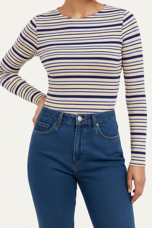 Lacivert-Çizgili Bisiklet Yaka Çizgili Bluz BCHPK-251241