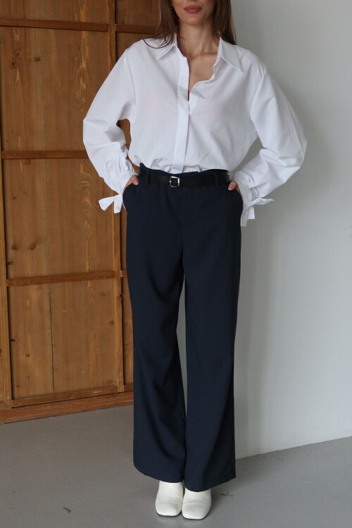 Lacivert Kemerli Çift Cepli Palazzo Pantolon