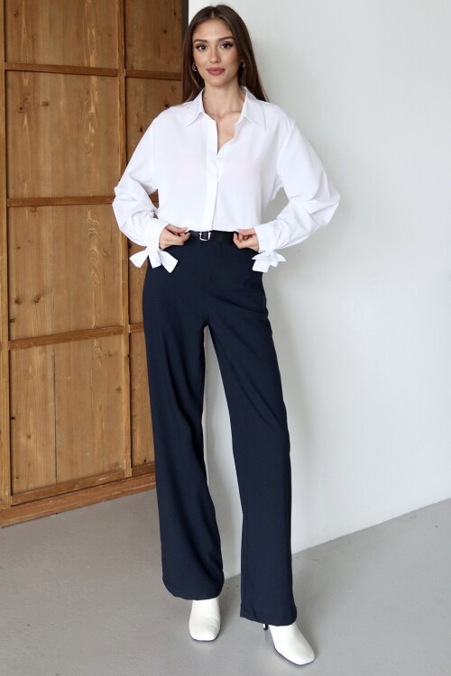 Lacivert Kemerli Çift Cepli Palazzo Pantolon