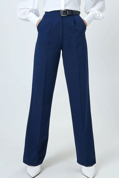 Lacivert Kemerli Düğme Kapamalı Çift Cepli Palazzo Pantolon BCHAV-251230