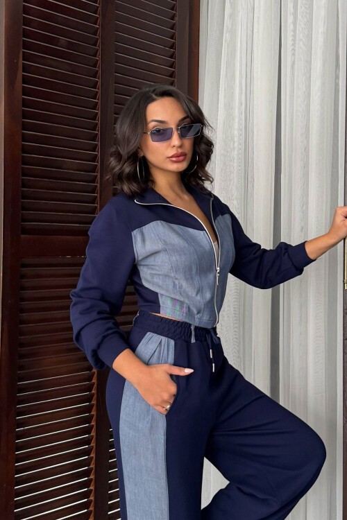 Lacivert Kot Kumaş Garnili Yumuşak Dokulu Pantolon Ceket Takım BCHN-25261021