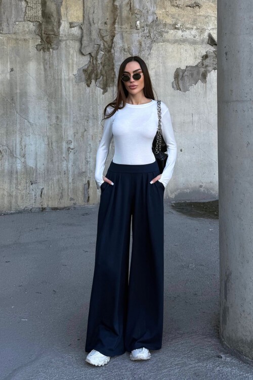 Lacivert Pile Detaylı İspanyol Ultra Soft Kumaş Pantolon BCDF-25P0002