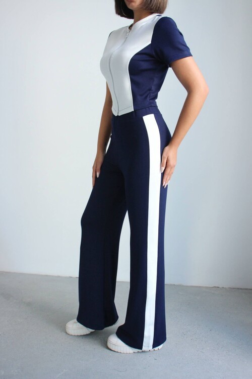 Lacivert Renk Bloklu Fermuarlı Yumuşak Dokulu Kumaş Eşofman Takımı