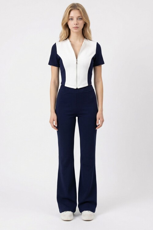 Lacivert Renk Bloklu Fermuarlı Yumuşak Dokulu Kumaş Eşofman Takımı